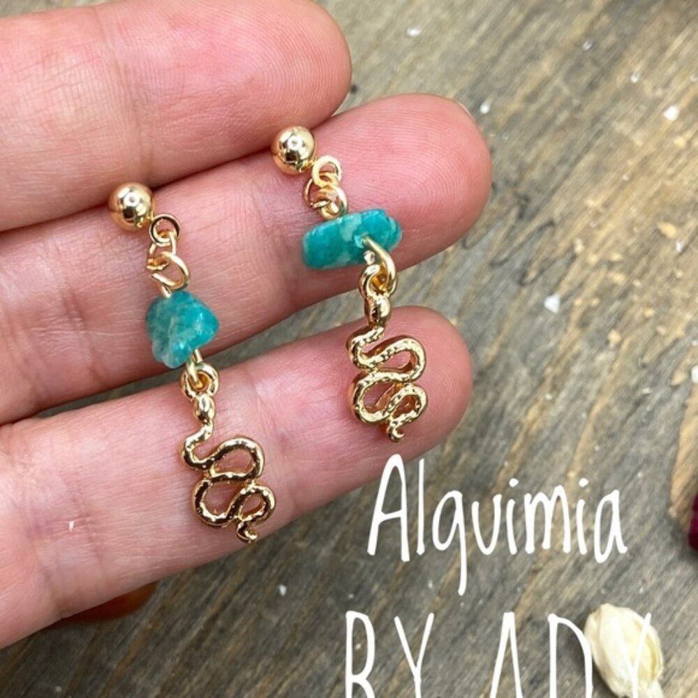 AMAZONITE + Green tiny & dainty gold snake Earrings